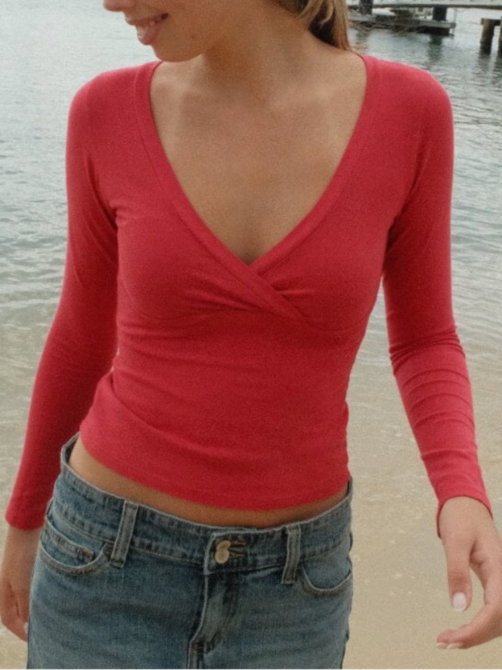Brandy Melville Fitted Wrap-Front Long Sleeve Top in Coral Pink